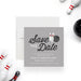 bowling birthday save the date card with bowling pins, bowling ball, gray background, and personalized party wording-front