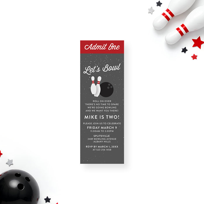 bowling birthday party ticket invitation with bowling pins, bowling ball, admit one heading, and personalized kids party details