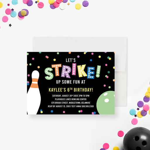Kids bowling birthday invitation with colorful strike theme and bowling pins on black background-front