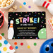 Kids bowling birthday invitation with colorful strike theme and bowling pins on black background-front