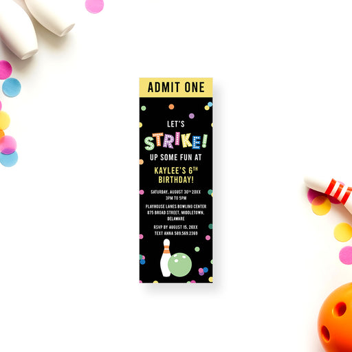 Bowling birthday ticket invitation with admit one design and colorful confetti