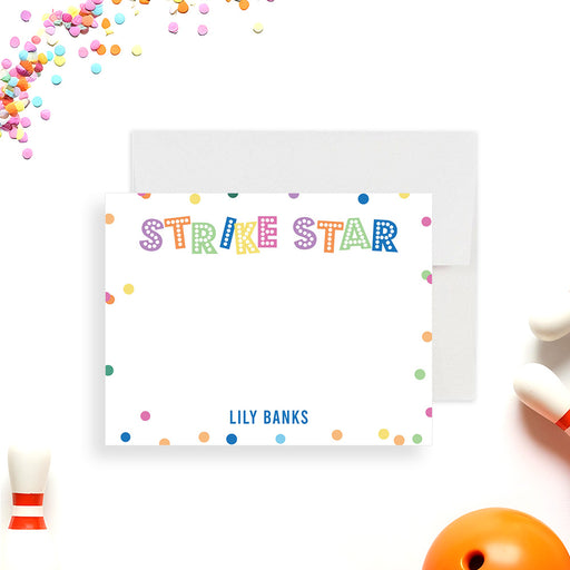 Personalized bowling thank you note card with colorful confetti and Strike Star lettering.-front