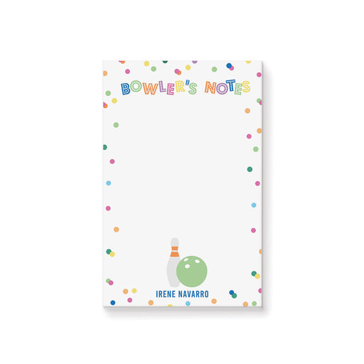 Personalized bowler’s notes notepad with colorful confetti and bowling pin and ball design.