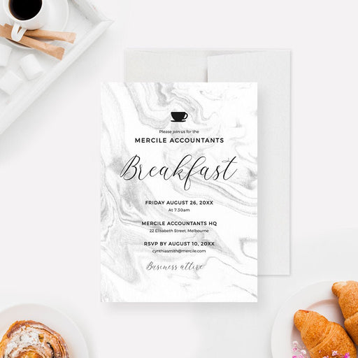 Breakfast meeting party invitation template with coffee-inspired watercolor marble design