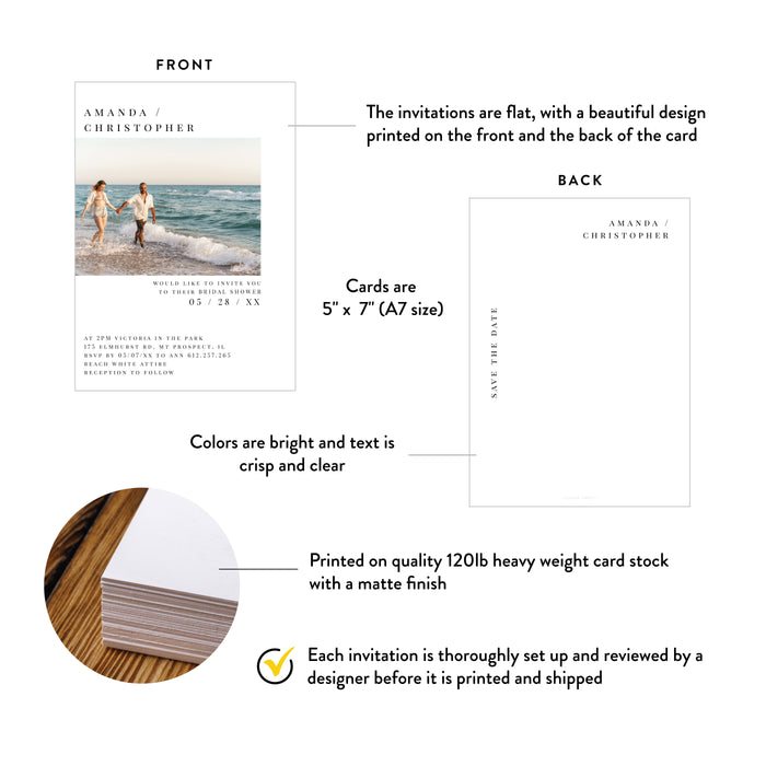 Invitation card with front and back views, details on card size, material, and design quality.