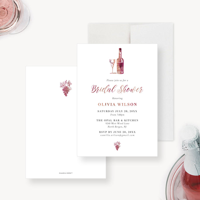 Elegant wine themed bridal shower invitation with wine bottle glass and grape illustration-front-back