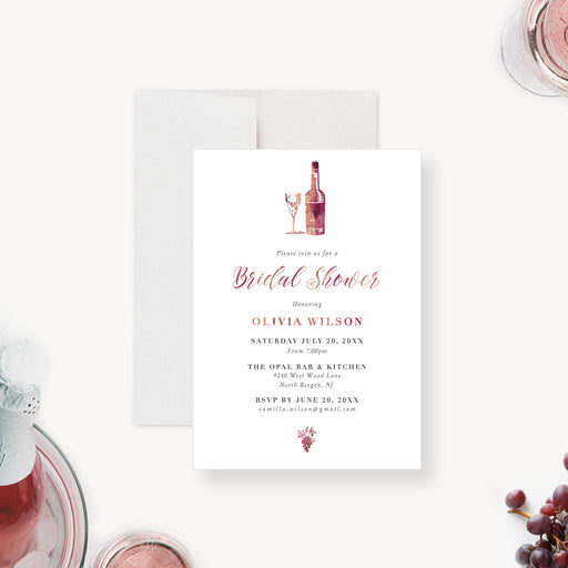 Elegant wine themed bridal shower invitation with wine bottle glass and grape illustration-front