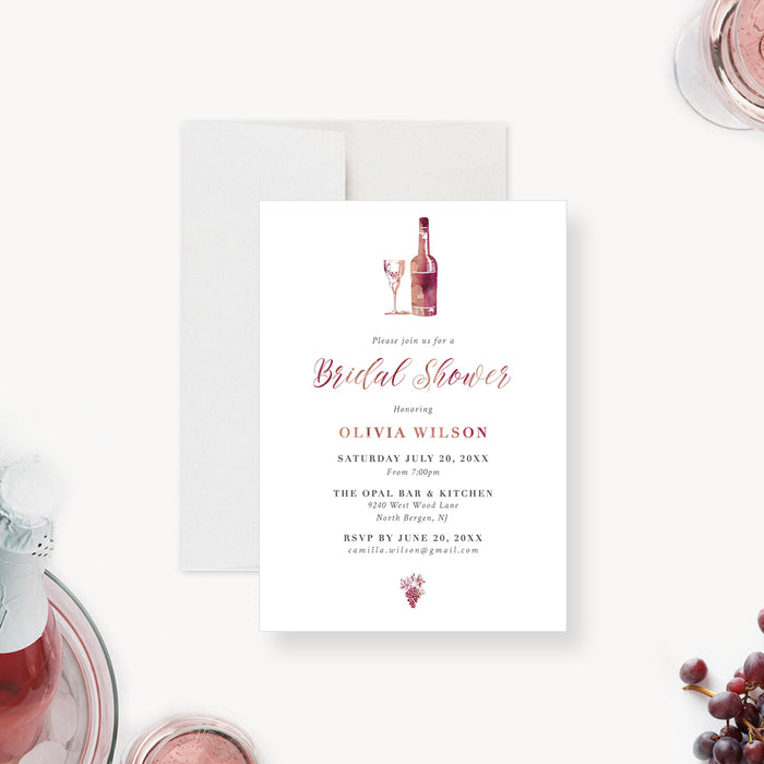 Elegant wine themed bridal shower invitation with wine bottle glass and grape illustration-front