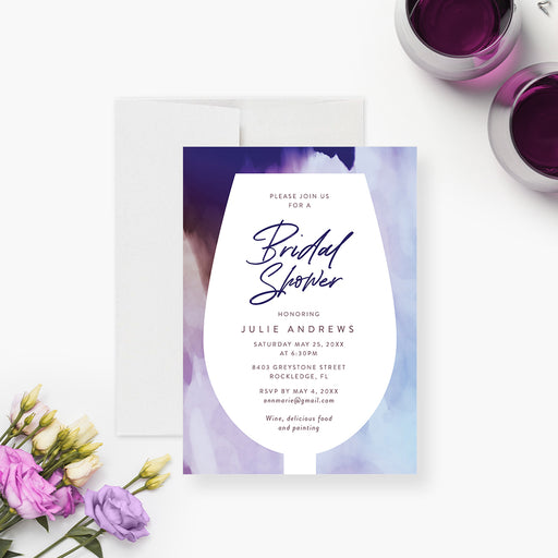 Bridal shower invitation featuring a watercolor wine glass design in purple and blue, with custom event details.-front