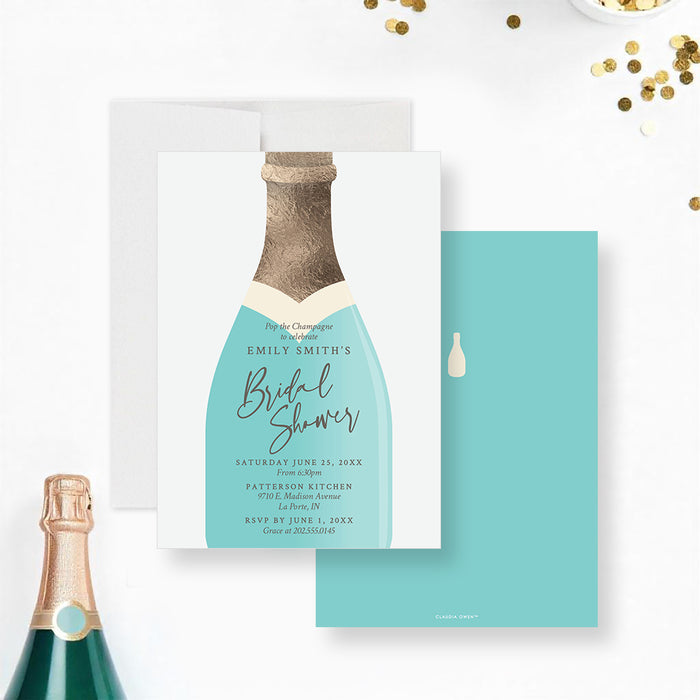 Elegant champagne bottle invitation personalized for bridal shower or pop the champagne-themed celebrations-front-back