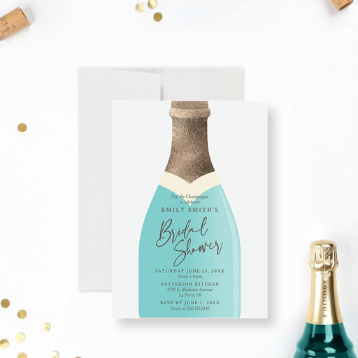 Elegant champagne bottle invitation personalized for bridal shower or pop the champagne-themed celebrations-front
