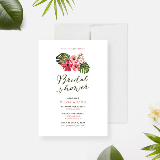 Tropical bridal shower invitation with pink hibiscus flowers and monstera leaves-front