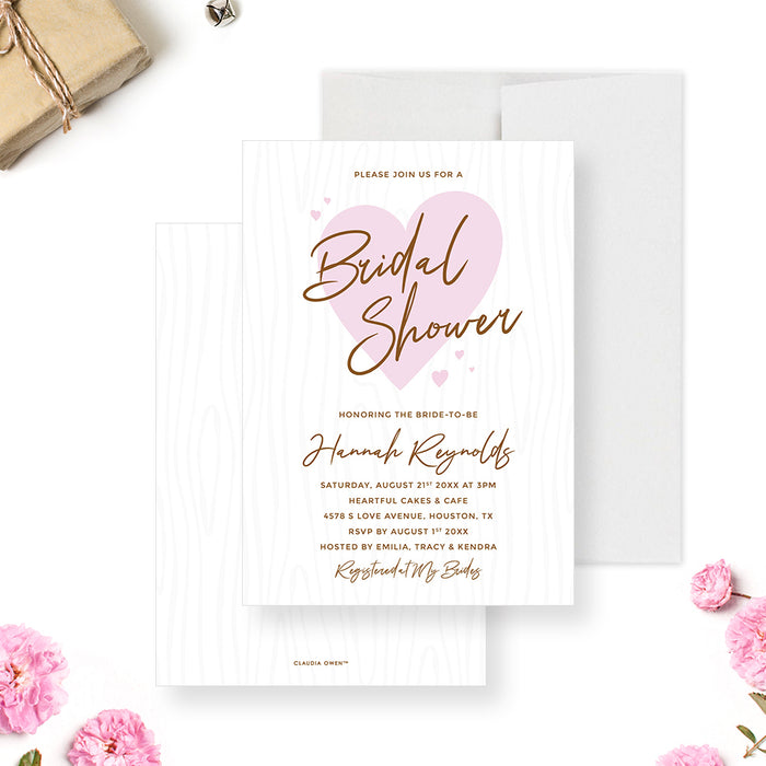 Bridal shower invitation card featuring a light pink hearts design-front-back