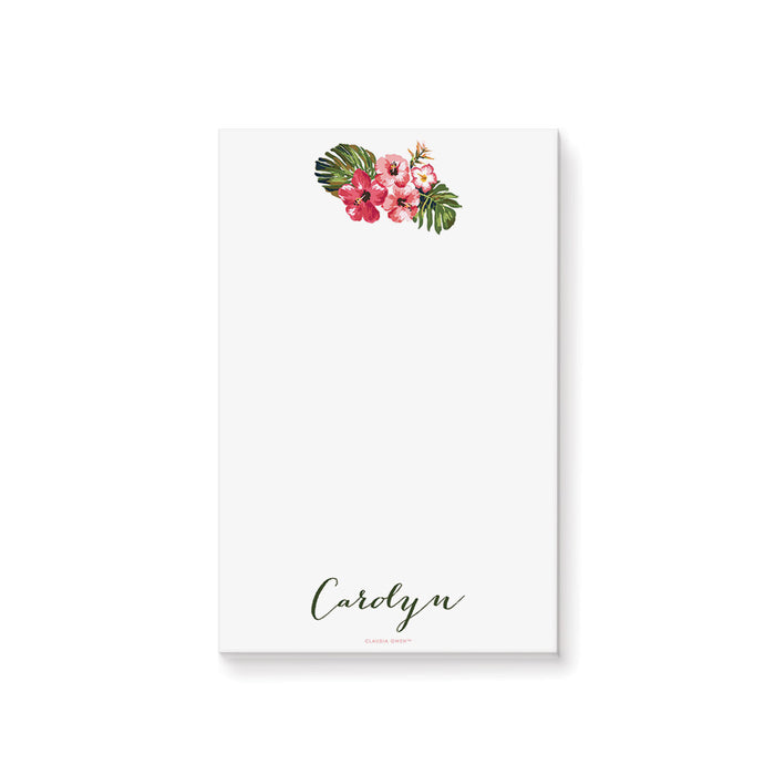 Personalized tropical notepad with vibrant green monstera leaves and hibiscus flowers