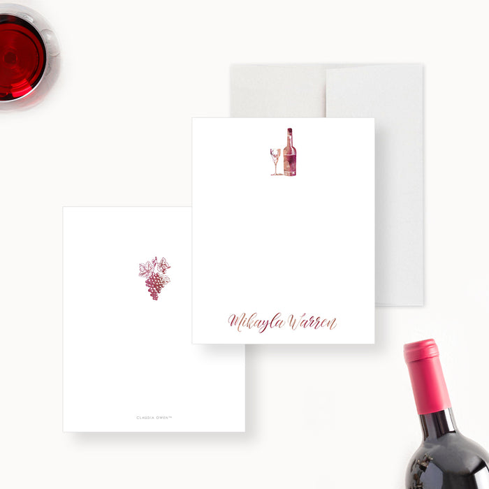 Wine Note Card with Wine Bottle and Grape Illustrations, Personalized Gift for Wine Lover, Wine Themed Bridal Shower Thank You Card in Burgundy