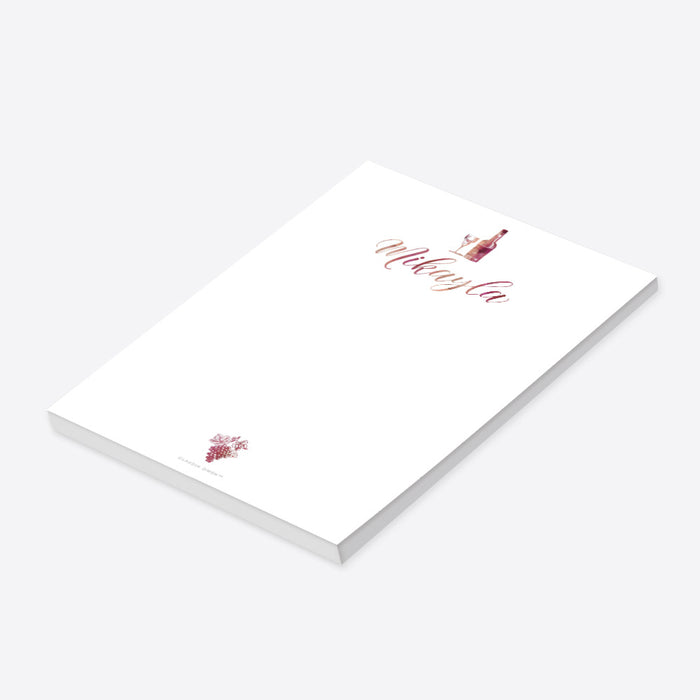 Personalized wine themed notepad with wine bottle glass and grape illustration-side