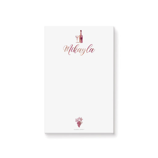 Personalized wine themed notepad with wine bottle glass and grape illustration