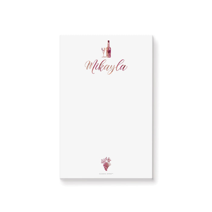 Personalized wine themed notepad with wine bottle glass and grape illustration