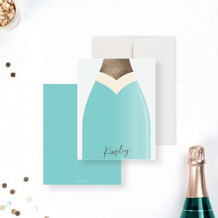 Personalized note card with a champagne bottle illustration, perfect as elegant bridal shower stationery gift.-front-back