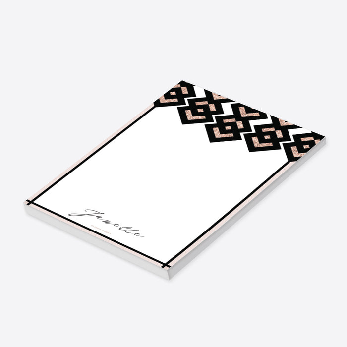 Personalized notepad featuring a rose gold and black geometric illustration-side