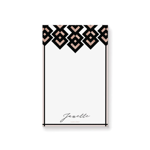 Personalized notepad featuring a rose gold and black geometric illustration