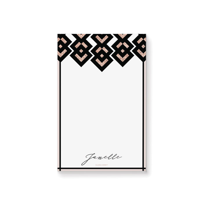 Personalized notepad featuring a rose gold and black geometric illustration