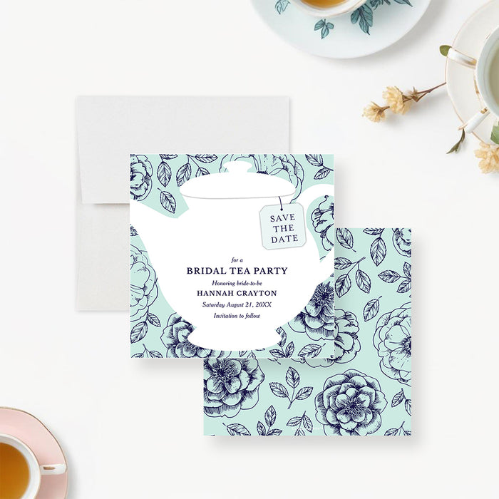 bridal shower save the date card with white teapot illustration, tea tag, floral mint background, and personalized event details-front-back