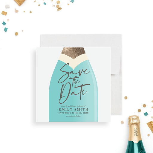 Bridal shower save the date card with a champagne bottle design, an elegant invitation for champagne-themed parties.-front