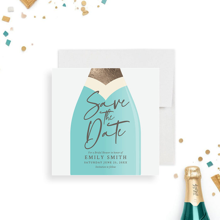 Bridal shower save the date card with a champagne bottle design, an elegant invitation for champagne-themed parties.-front