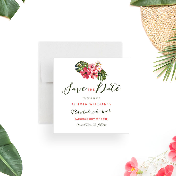 Bridal shower save the date card featuring lush monstera leaves and pink hibiscus flowers-front