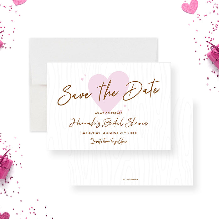 Bridal shower save the date card featuring a cute pink heart design-front-back