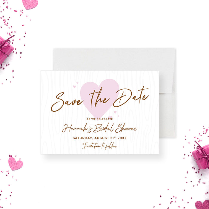 Bridal shower save the date card featuring a cute pink heart design-front