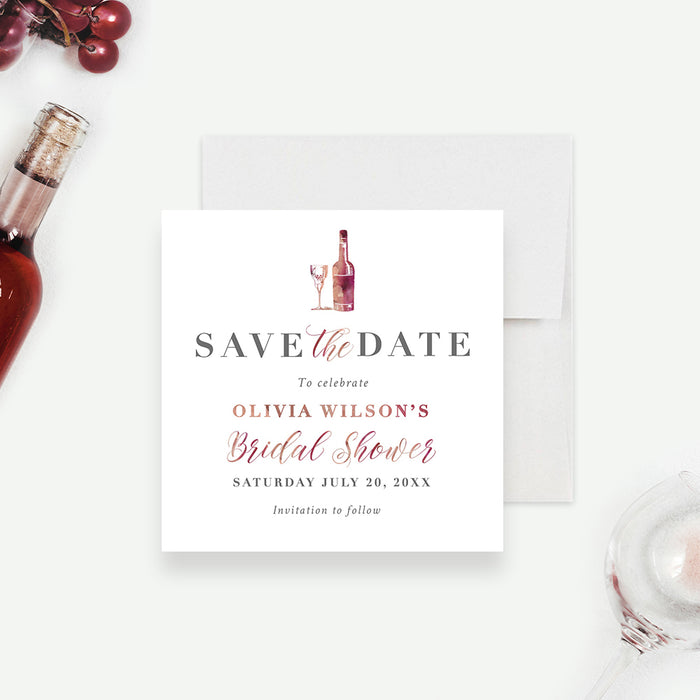 Wine themed bridal shower save the date card with wine bottle and glass illustration-front