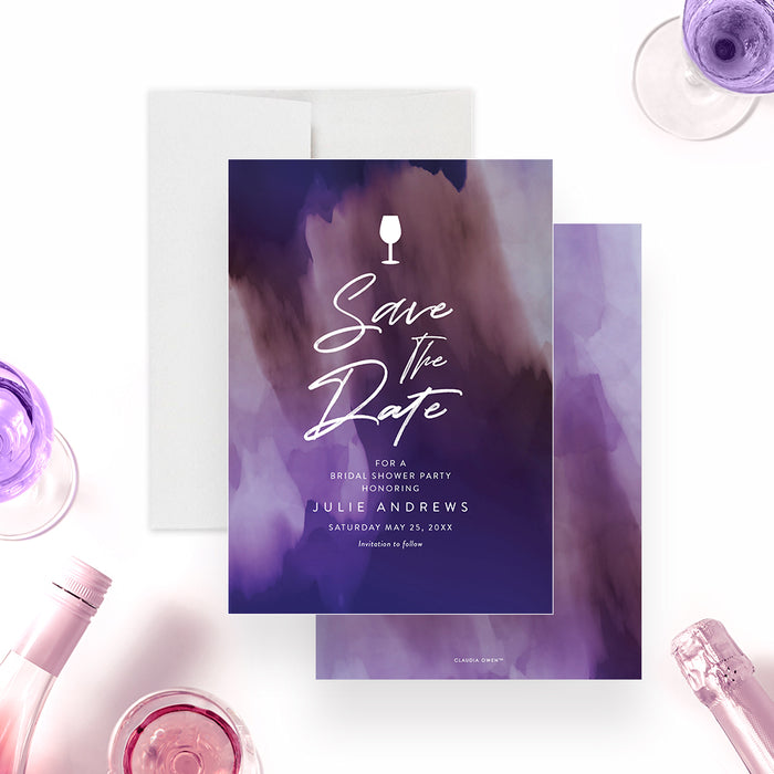 Purple watercolor save the date card with wine glass icon and bridal shower party details.-front-back