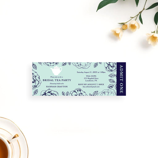 bridal shower ticket invitation with floral mint background, teapot icon, admit one panel, and personalized tea party details