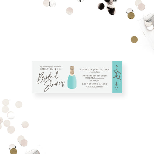 Bridal shower ticket invitation featuring a champagne bottle design. This party pass is for champagne-themed events.