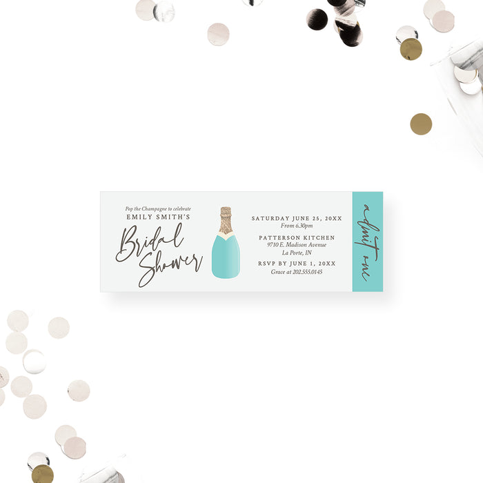 Bridal shower ticket invitation featuring a champagne bottle design. This party pass is for champagne-themed events.
