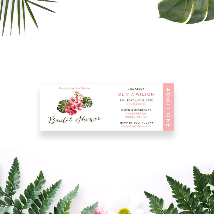 Ticket-style bridal shower invitation featuring vibrant monstera leaves and pink hibiscus flowers