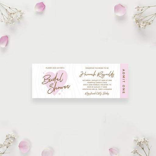 Bridal shower ticket invitations featuring light pink hearts illustration