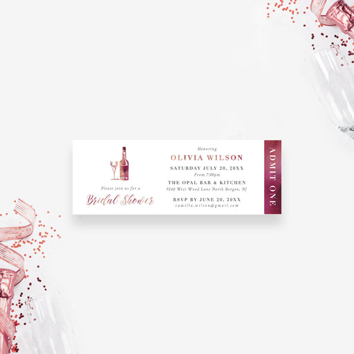 Wine-themed ticket-style bridal shower invitation featuring a wine bottle and glass illustration