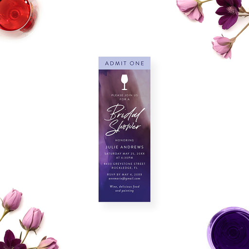 Purple wine-themed bridal shower invitation with a wine glass icon and customizable event details.