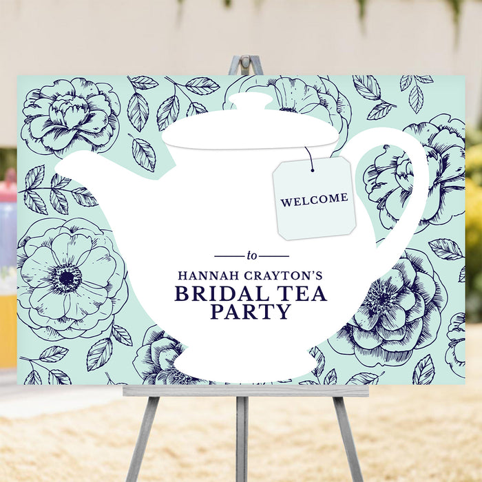 bridal shower welcome sign with large white teapot illustration, floral mint background, tea tag, and personalized bridal tea party wording