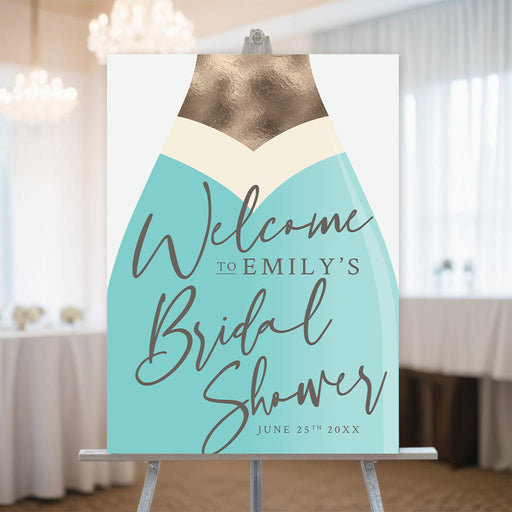 Bridal shower welcome sign featuring a champagne bottle illustration, elegant decor for a bride-to-be celebration.
