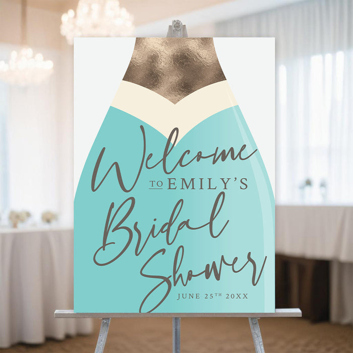 Bridal shower welcome sign featuring a champagne bottle illustration, elegant decor for a bride-to-be celebration.