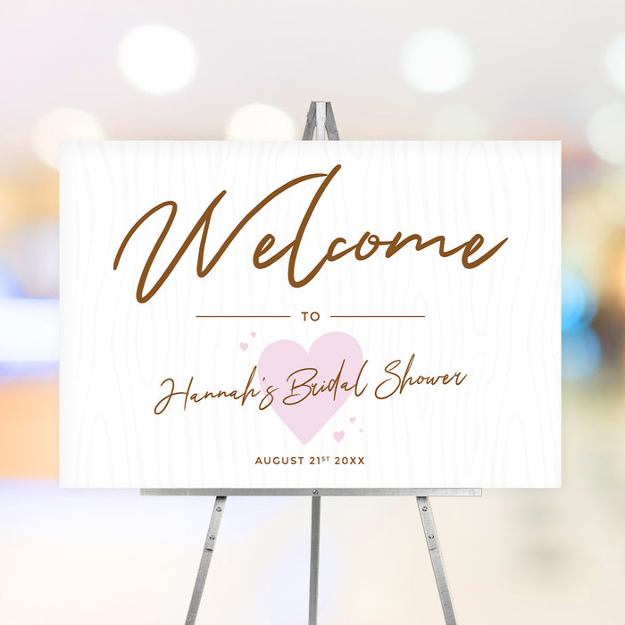 Personalized bridal shower welcome sign with pink hearts and elegant script