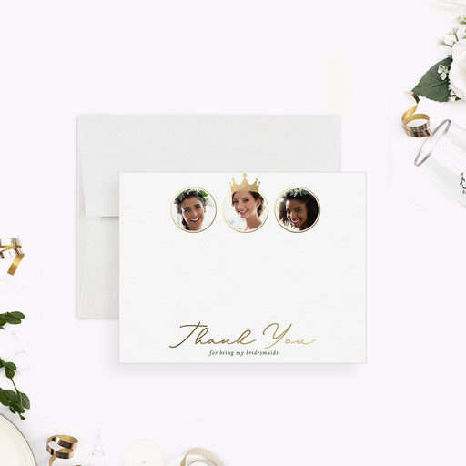 Bridesmaid thank you card front with three circular photos, a printed crown illustration and gold script wording, shown with a white envelope.