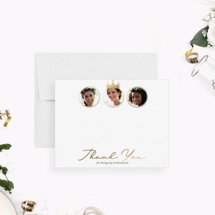 Bridesmaid thank you card front with three circular photos, a printed crown illustration and gold script wording, shown with a white envelope.