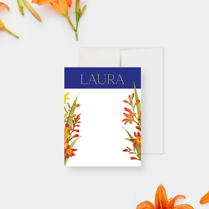 Floral Note Card with Lily Flower Illustrations and Royal Blue Background, Summer Soiree Thank You Card, Spring Flowery Correspondence