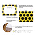 Front and back layout of kids bumblebee thank you note card. Front features a cute bee illustration above “Thank You” text in script font, framed by bold black polka dots on a yellow background. Back shows full black polka dot pattern. Inset close-up displays thick 120lb matte card stock and notes bright colors and crisp text.