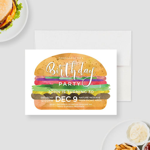 Burger birthday invitation with colorful hamburger illustration, BBQ cookout theme, and fun summer party design.
